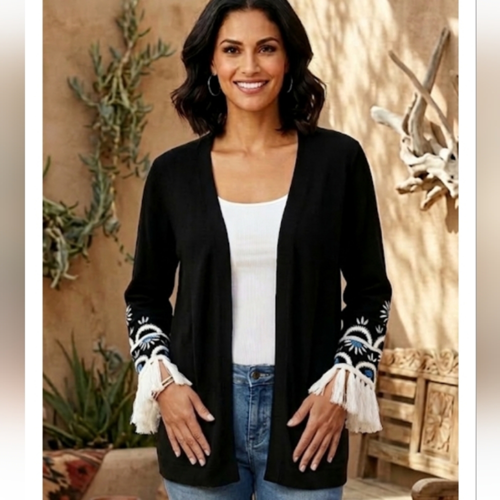 Bob Mackie Wearable Art Black Embroidered Fringe Cardigan Sweater Size Large